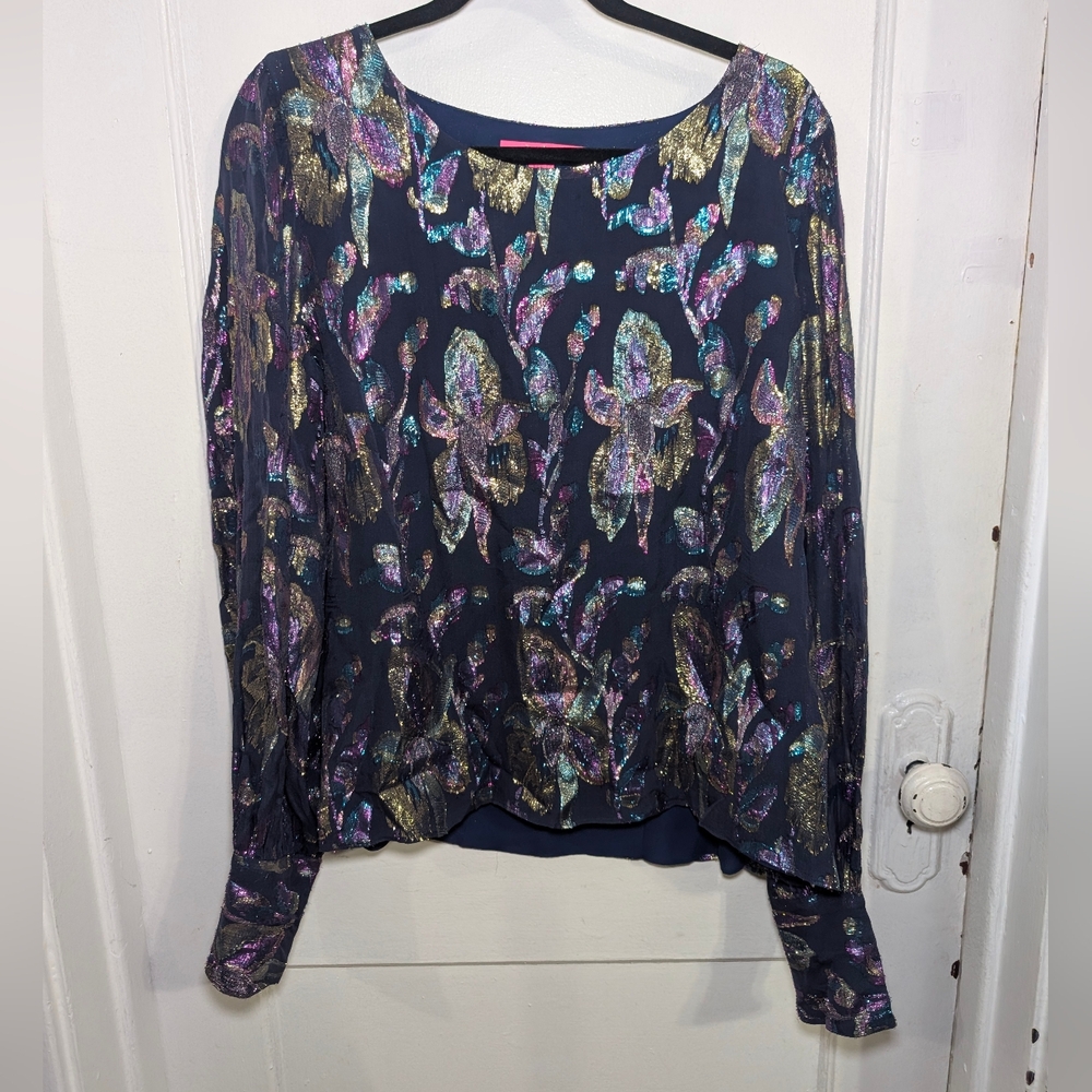 Lilly Pulitzer Shimmering Navy and Gold Blouse in XL